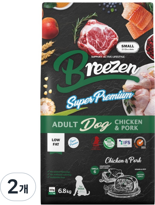 브리젠 어덜트 강아지 슈퍼프리미엄 치킨 앤 포크 스몰바이트 사료, 6.8kg, 2개, 닭+돼지