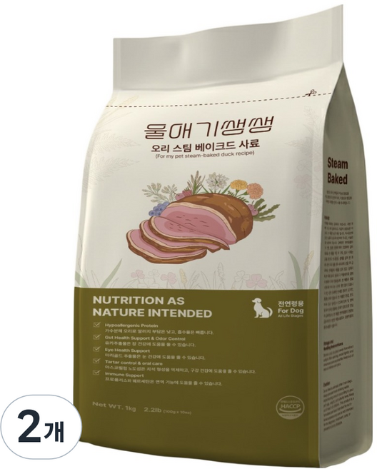디어랩스 강아지 울애기 쌩쌩 프리미엄 스팀 베이크드 수제사료, 오리, 1kg, 2개