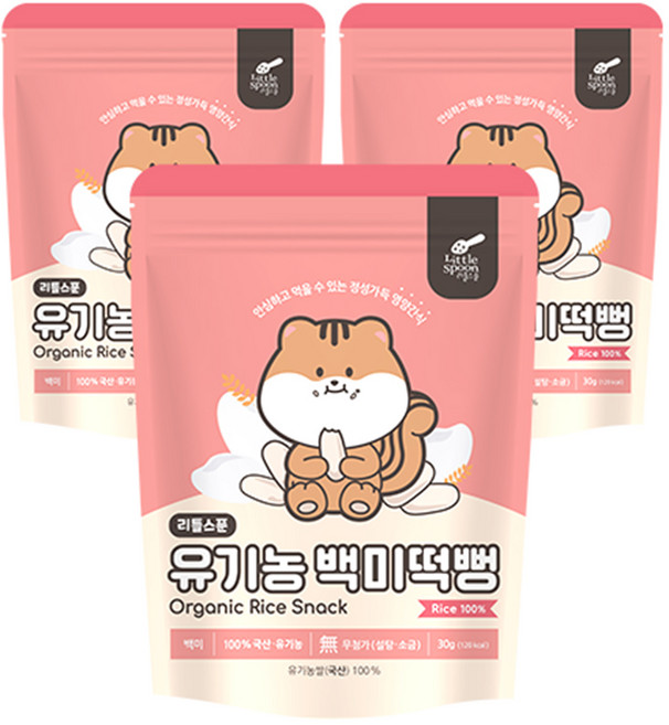 리틀스푼 유아용 유기농 떡뻥 과자, 백미맛, 30g, 3개