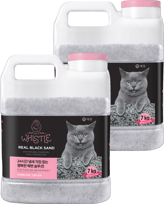 휘슬 리얼 블랙 샌드 응고형 고양이 모래 용기형, 7kg, 2개, 무향