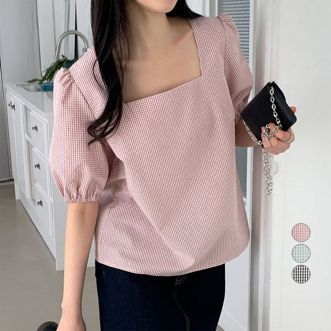 afinar 女款方領格紋泡泡紗上衣