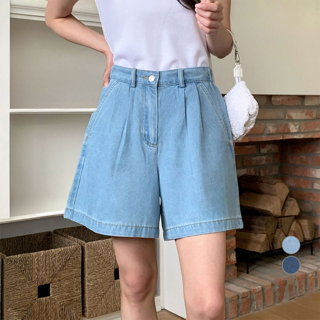 Afinar 여름 썸머 데님 하프밴딩 핀턱 쇼츠