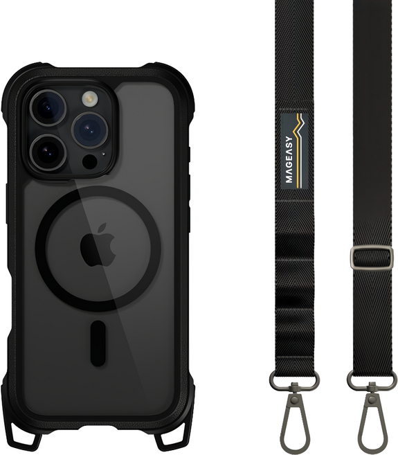 MAGEASY Odyssey Strap M 手機 掛繩 手機殼 iPhone 16 Pro 超軍規防摔 MagSafe Compatible 金屬黑
