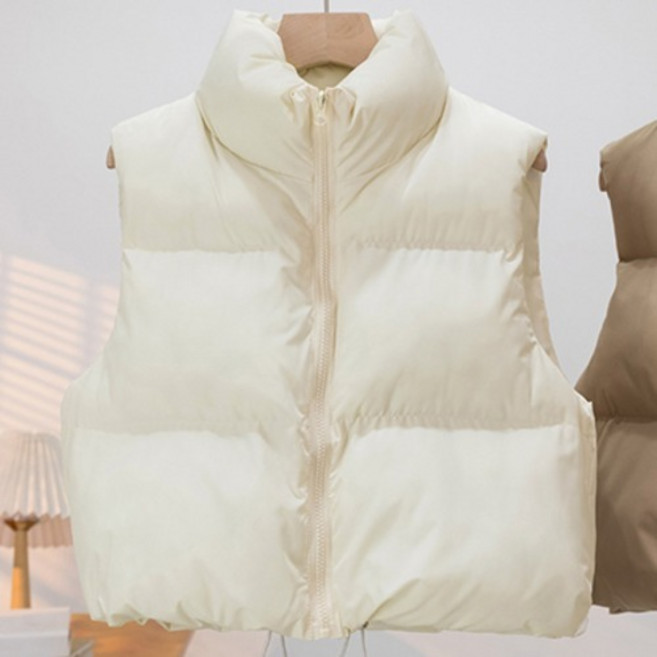 구디프 여성용 하이넥 하단 스트링 보온 패딩조끼