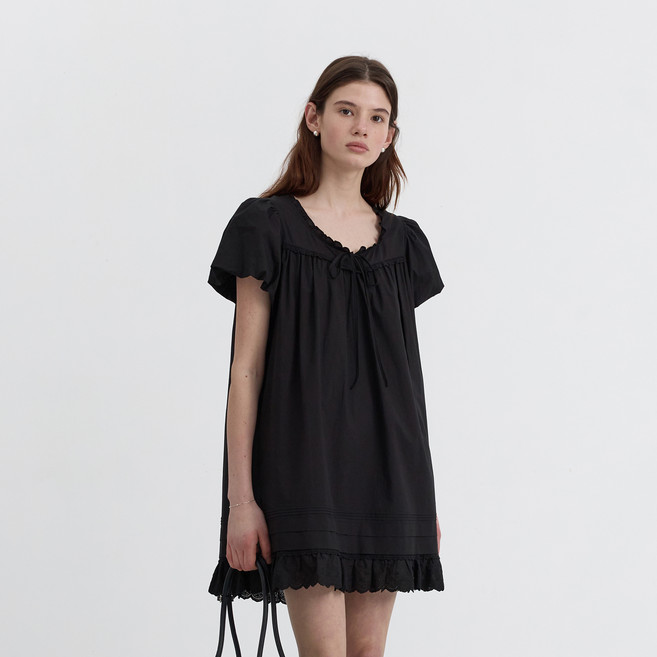 던스트 여성용 통기성 퍼프 셔링 면 미니 원피스 UDDR5B225