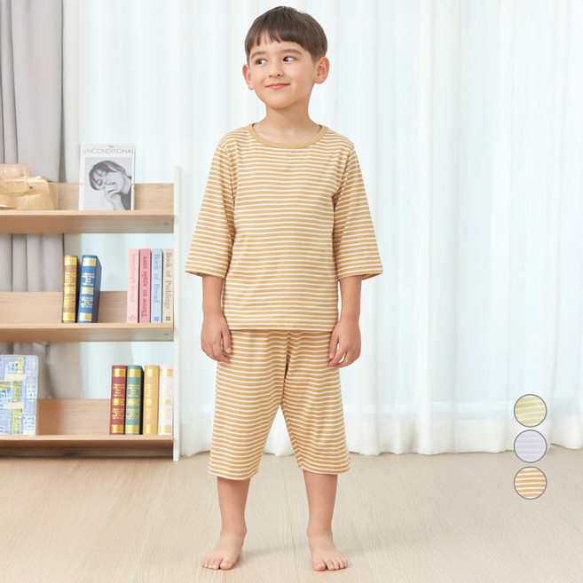 롤리트리 아동용 30수 싱글 7부 스트라이프 실내복 상하 세트