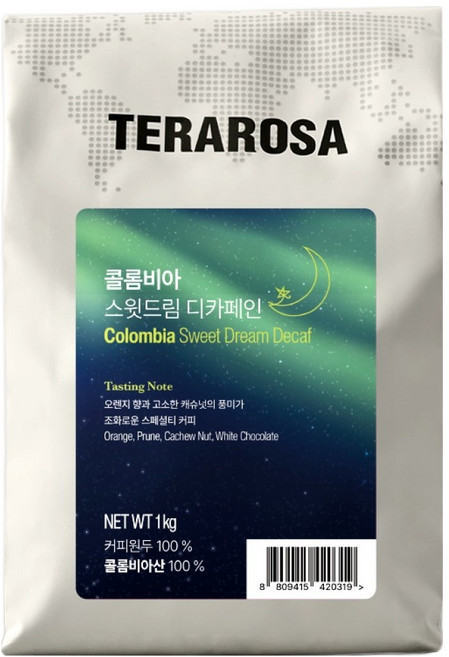 테라로사 콜롬비아 스윗드림 디카페인, 홀빈(분쇄안함), 1kg, 1개