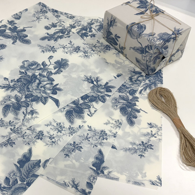 마메 빈티지 플라워 선물 포장지 5p + 리본끈 세트, 블루, 1세트