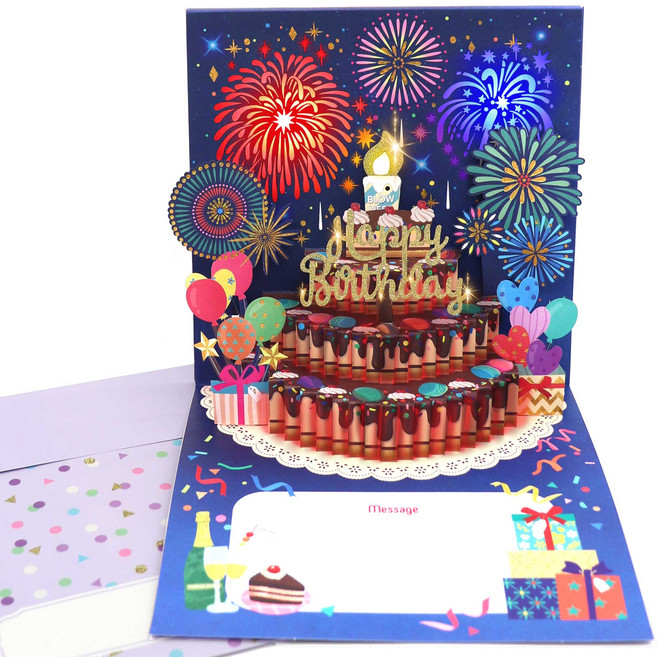 마음담아 LED 입체 팝업 3D 생일 축하 멜로디 카드 + 봉투 세트, 초코 케이크, 1세트