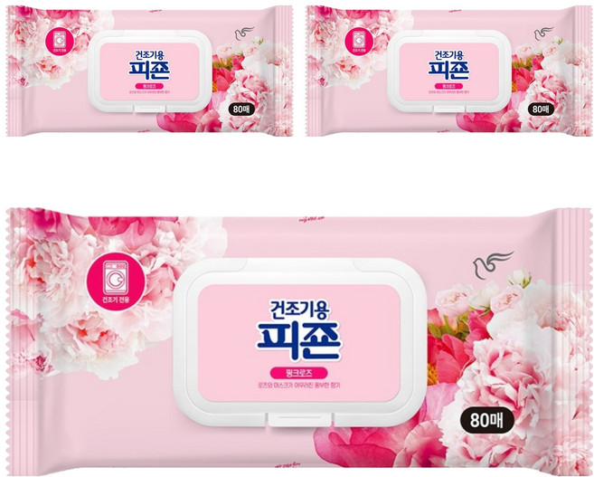 피죤 건조기용 오리지널 시트 섬유유연제 핑크로즈 본품, 80매, 3개