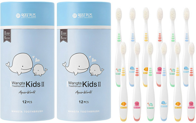 왕타 아쿠아월드 2호 어린이 칫솔, 코랄,노랑,파랑,초록, 12개, 2세트