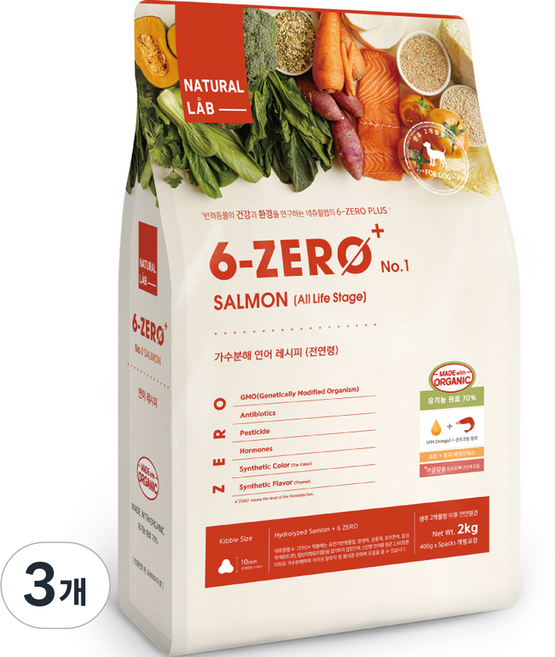 네츄럴랩 전연령 강아지 6 ZERO PLUS 1 유기농 건식사료, 연어, 2kg, 3개
