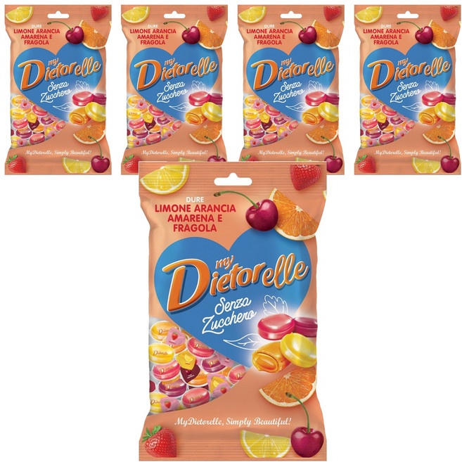 디에토렐레 무설탕 캔디 후르츠 레몬 + 딸기 + 오렌지 + 체리, 140g, 5개
