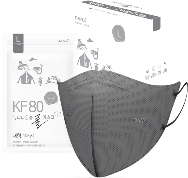 뉴다나온숨 새부리형 쿨마스크 대형 KF80, 50개입, 1개, 진한회색