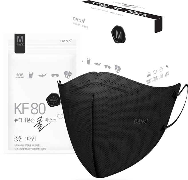 다나마스크 뉴다나온숨 쿨 새부리형 중형 KF80, 50개입, 1개, 검정색