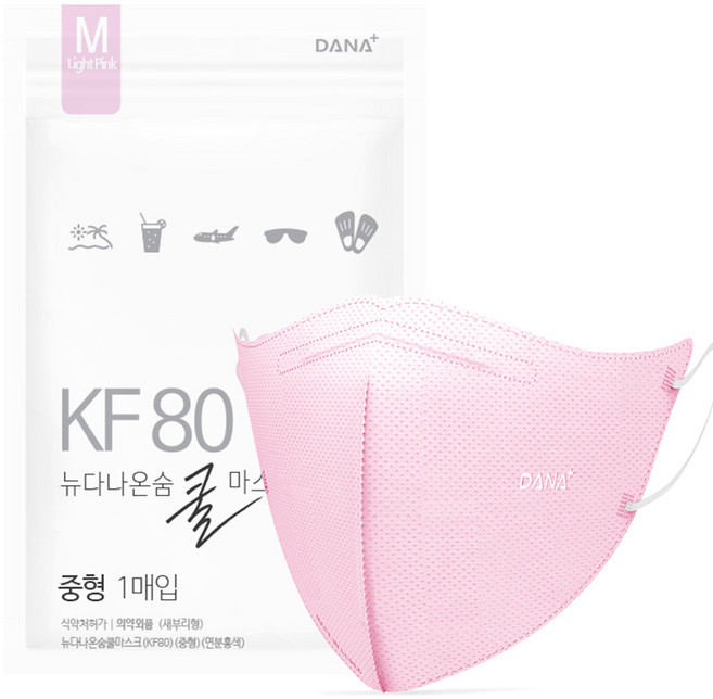 다나마스크 뉴다나온숨 쿨 새부리형 중형 KF80, 50개입, 1개, 연분홍색