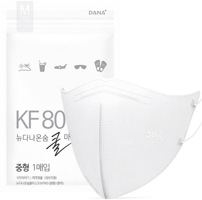 다나마스크 뉴다나온숨 쿨 새부리형 중형 KF80, 50개입, 1개, 흰색