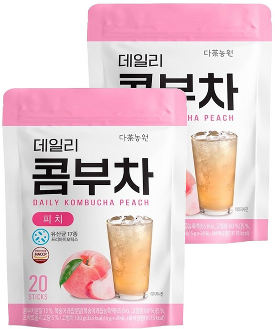 Danongwon 乳酸菌康普茶 水蜜桃口味 20包 每杯僅16卡路里 獨立包裝 方便攜帶 德國紅茶菌萃取 無酒精, 5g, 2袋