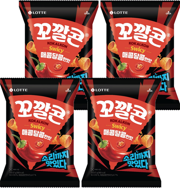 꼬깔콘 매콤달콤한 맛 옥수수스낵, 67g, 4개