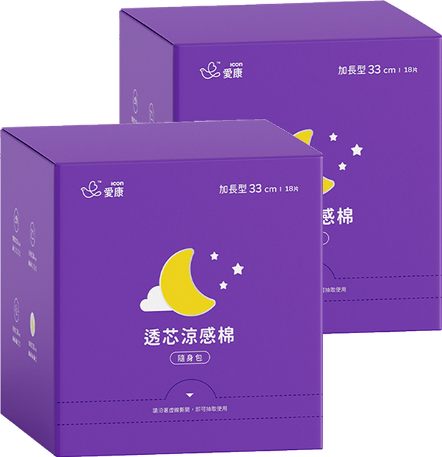 icon 愛康 透芯涼感衛生棉 護翼型, 加長型 33cm, 18片, 2盒