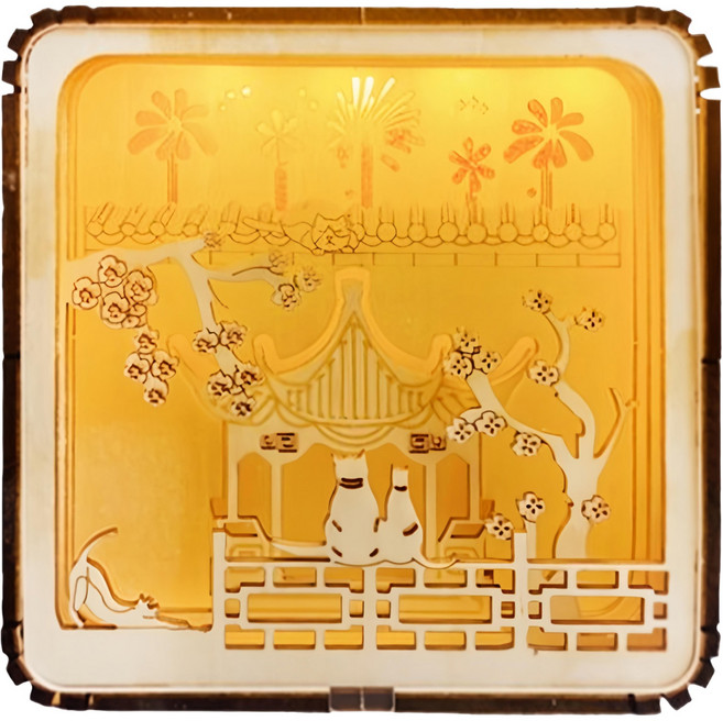 逗趣點 神秘古風 DIY木質拼圖小夜燈/3D立體木雕燈 80 x 80 x 40mm, 國風貓