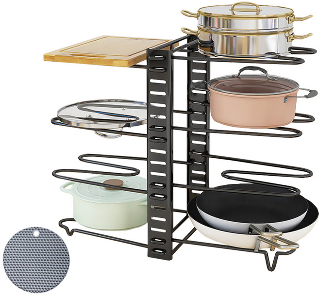 엠디유마켓 프리미엄 높이 조절 후라이팬 정리대 + 냄비받침대 세트, 8단, 블랙, 1세트