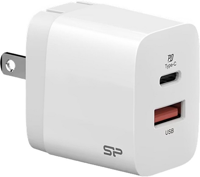 Silicon Power 廣穎電通 20W PD + QC雙孔快充充電器 Type-C/USBA 國際通用電壓 輕巧收納, 白色, 1個