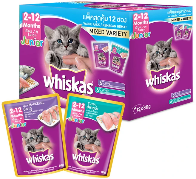 위스카스 주니어 고양이 믹스드 버라이어티팩 주식파우치 참치 6p + 고등어 6p, 참치+고등어, 80g, 12개 - 쿠팡