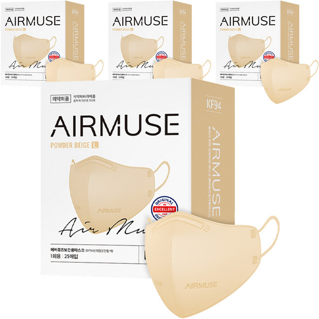에어뮤즈 보건용 새부리형 마스크 대형 KF94, 25개입, 4개, 파우더 베이지