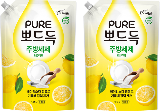 피죤 퓨어 뽀드득 주방세제 레몬향, 1.2L, 2개