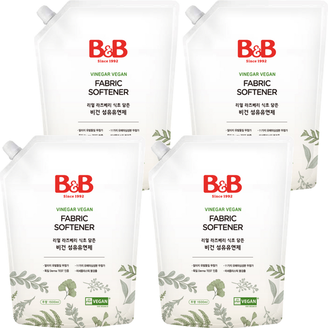 비앤비 유아 무향 비건 섬유유연제 리필형, 1.5L, 4개