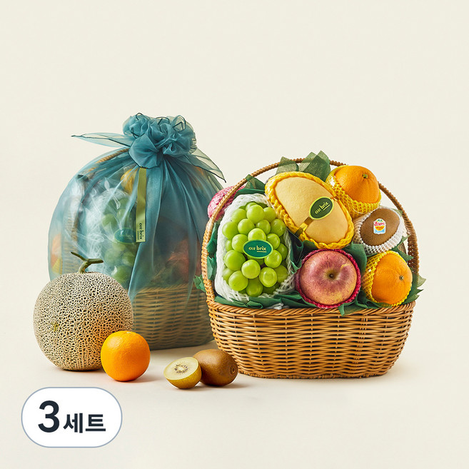 온브릭스 프리미엄 과일바구니 8종 선물세트 중대형 2호 + 고급보자기, 3세트, 5.04kg