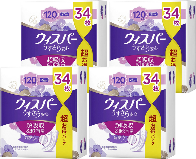 whisper 好自在 日本原裝進口 消臭超吸收成人護墊 成人尿布120cc, 27cm, 34片, 4包