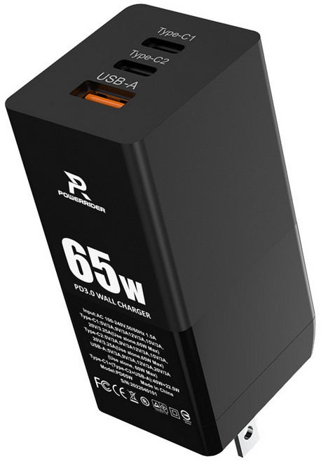 POWERRIDER 3孔PD快充折疊充電器 PD65W 75.4 x 39 x 32mm 120g, 黑色, 1個