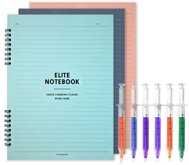 투영디자인 엘리트 더블 스프링 유선노트 3p + 주사기 형광펜 6종 세트, 랜덤발송, 1세트