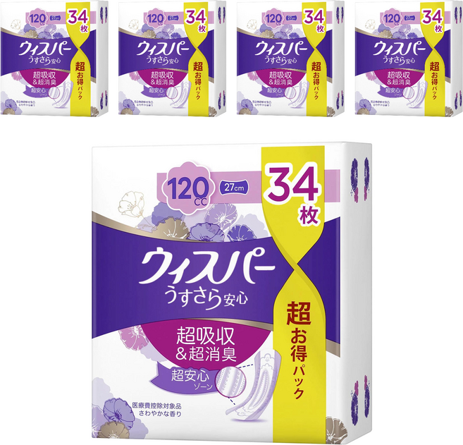whisper 好自在 日本原裝進口 消臭超吸收成人護墊 成人尿布120cc, 27cm, 34片, 5包