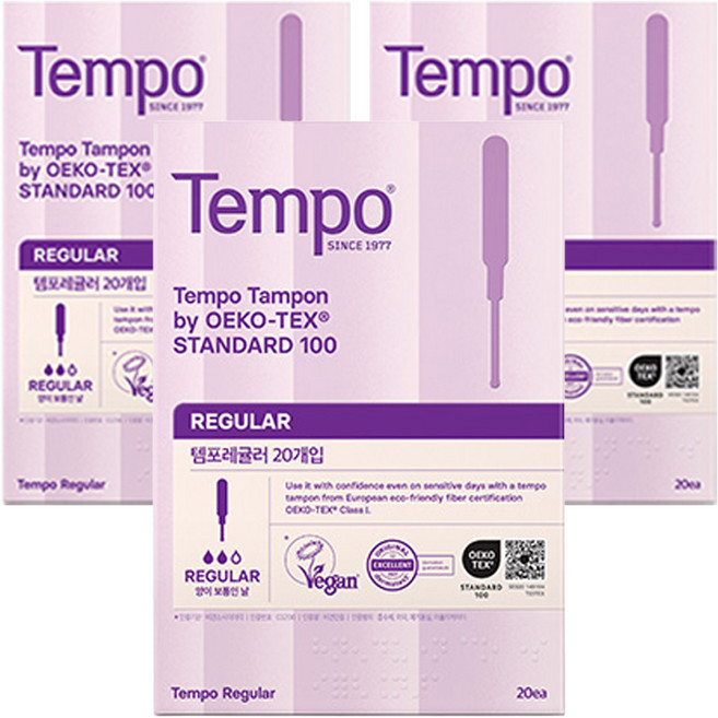 템포 삽입형 생리대, 레귤러, 20개입, 3개