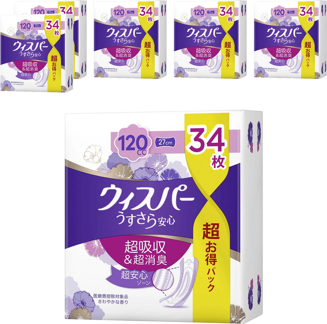 whisper 好自在 日本原裝進口 消臭超吸收成人護墊 成人尿布120cc, 27cm, 34片, 6包