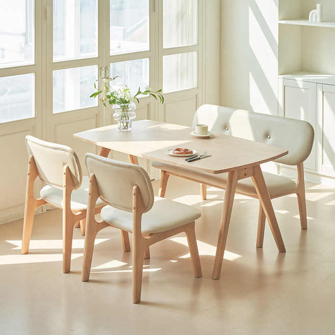 레이디가구 스칸딕 패밀리 낮은식탁 일반형 + 벤치의자 + 의자 2p 세트 방문설치, 내추럴(식탁), 의자(뉴트럴 베이지), 4인용, 일반 2 + 벤치 1