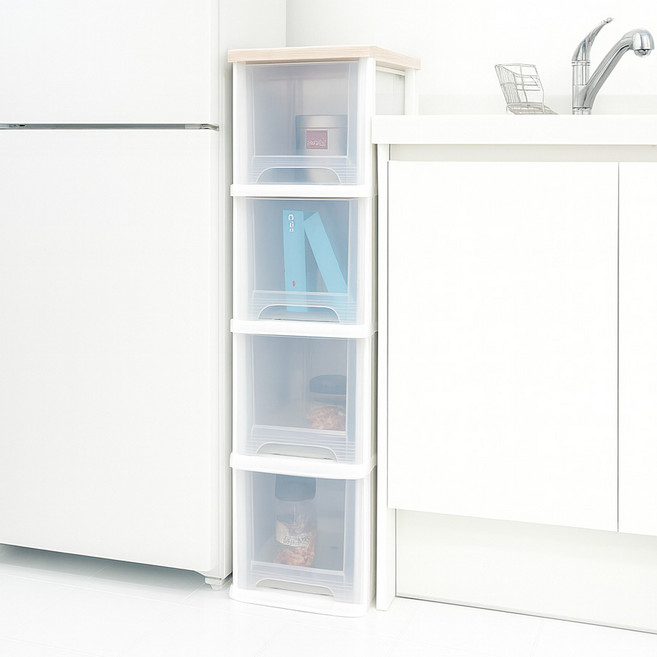 보노하우스 어반 우드상판 슬림 서랍장, 투명, 4단