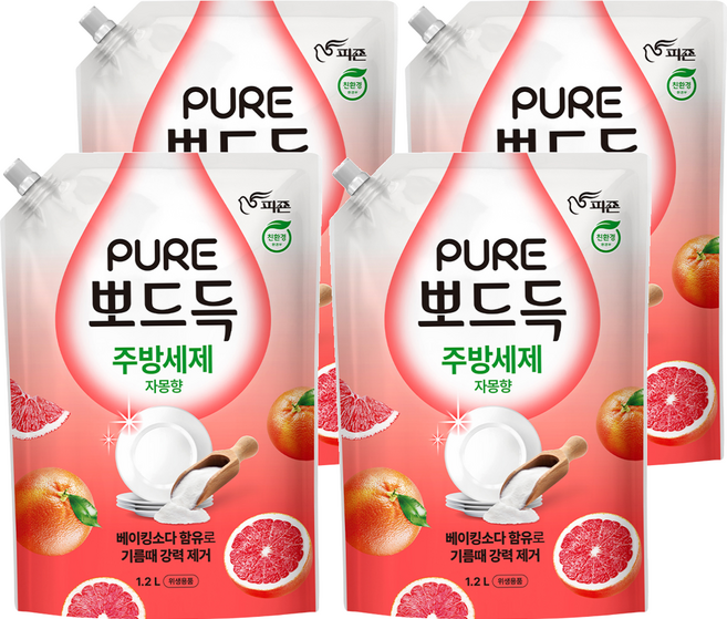 피죤 퓨어 뽀드득 주방세제 자몽향, 4개, 1.2L