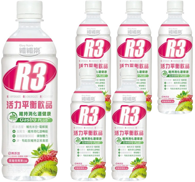 Glory Nutria 維維樂 R3活力平衡飲品PLUS 草莓奇異果口味 維持消化道健康 添加葡聚醣900 低滲透壓補充水分電解質, 500ml, 6瓶