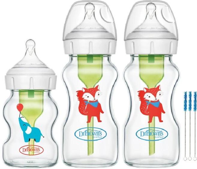 닥터브라운 데코 유리 젖병 와이드넥 150ml + 270ml x 2p 세트, 1단계(신생아용), 3단계(6~9개월), 혼합색상, 1개 - 쿠팡