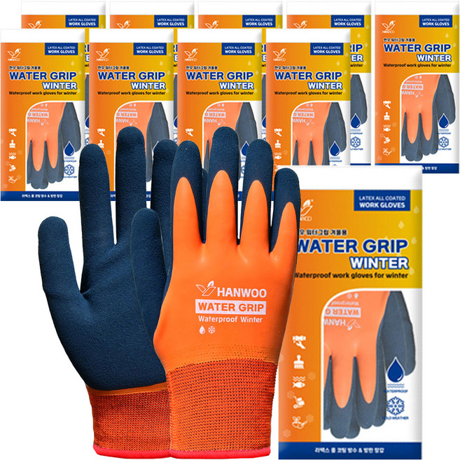 한우 겨울용 워터그립 라텍스코팅 방수장갑 양손착용 세트, 혼합색상, 10세트