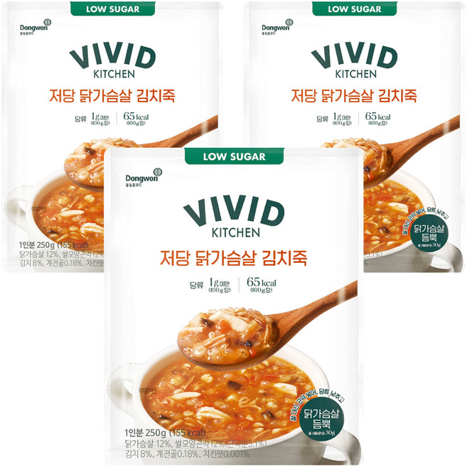 비비드키친 저당 닭가슴살 김치죽, 250g, 3개