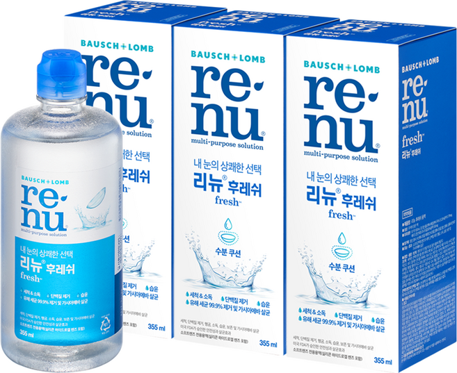 리뉴 후레쉬 렌즈 세정액 + 렌즈케이스 3p, 355ml, 3개