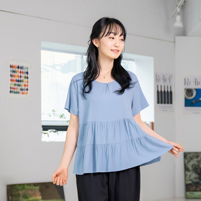 Anna&Co 女款人造絲短袖荷葉邊罩衫