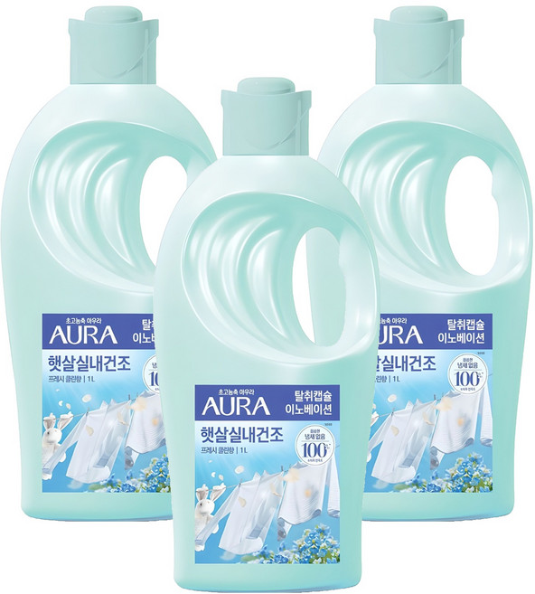아우라 햇살 실내 건조 섬유유연제 프레시클린 본품, 1L, 3개