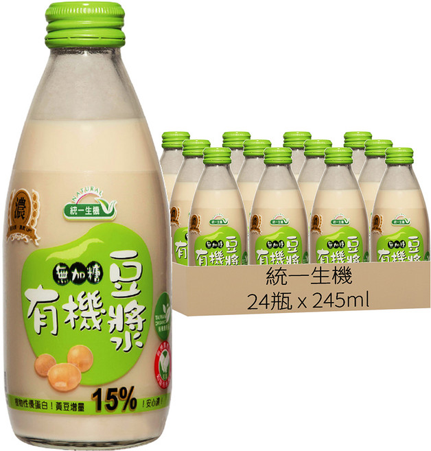 統一生機 有機無加糖豆漿, 245ml, 24瓶