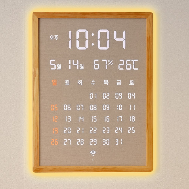 오아 캘린더 LED 벽시계 디지털 무소음 인테리어 전자 거실 온습도 시계, 우드